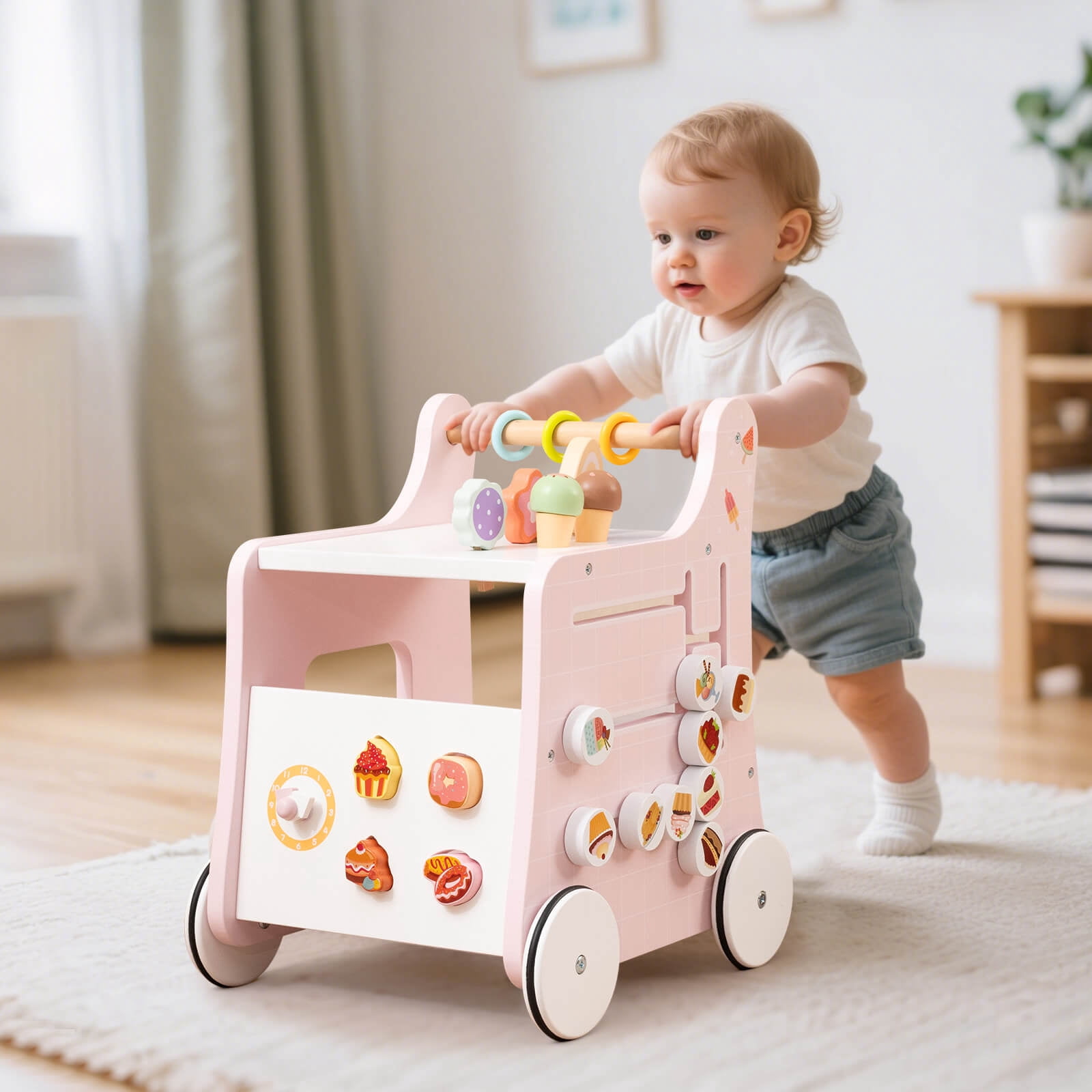 Infans Wooden Baby Walker Ice Cream Cart Toy with Sweet Accessories & Smooth Wheels