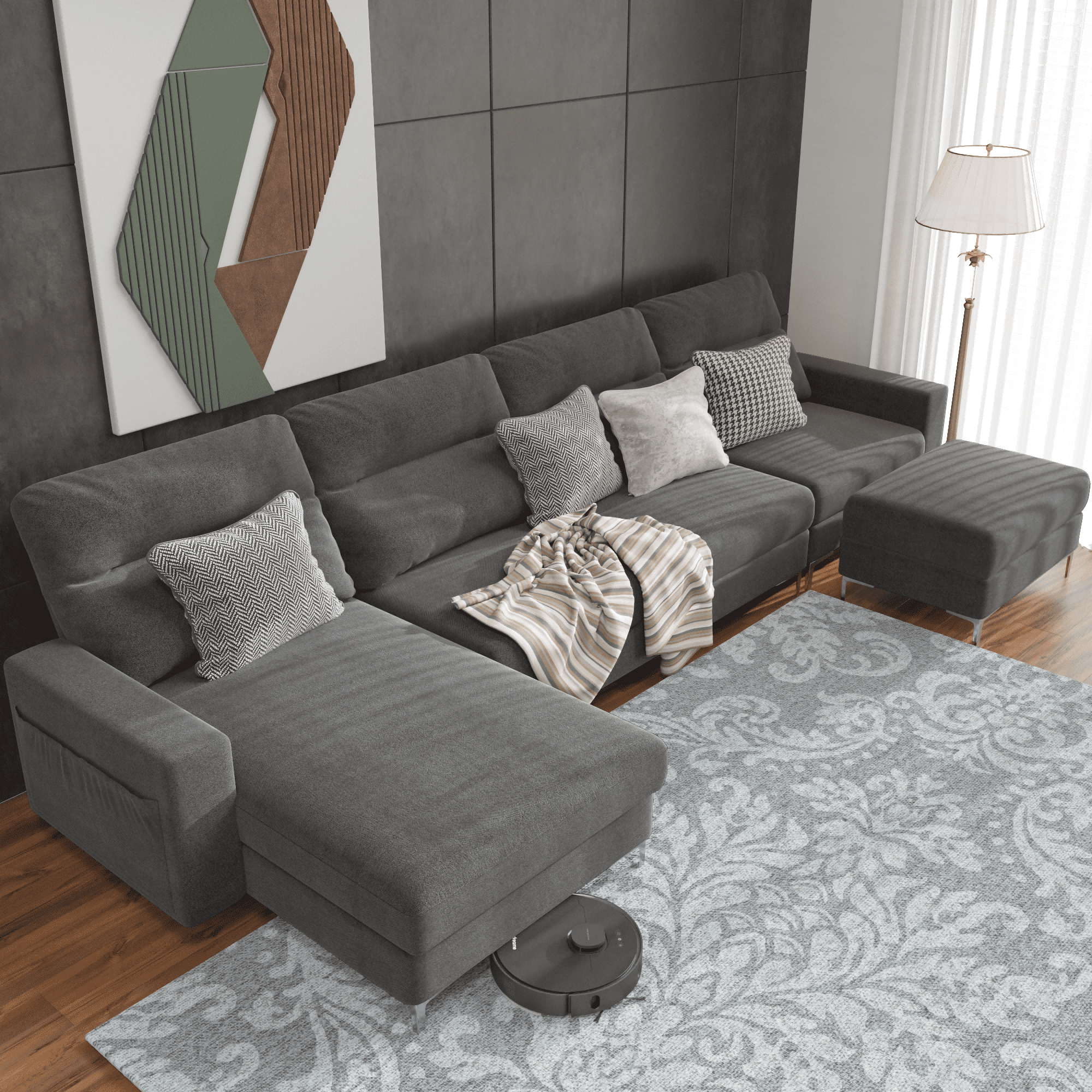Homall U-Shaped Sofa with Upholstered Stool Convertible Combination Sofa Linen Upholstered Sofa with Metal Upholstered Legs Living Room Furniture,Grey