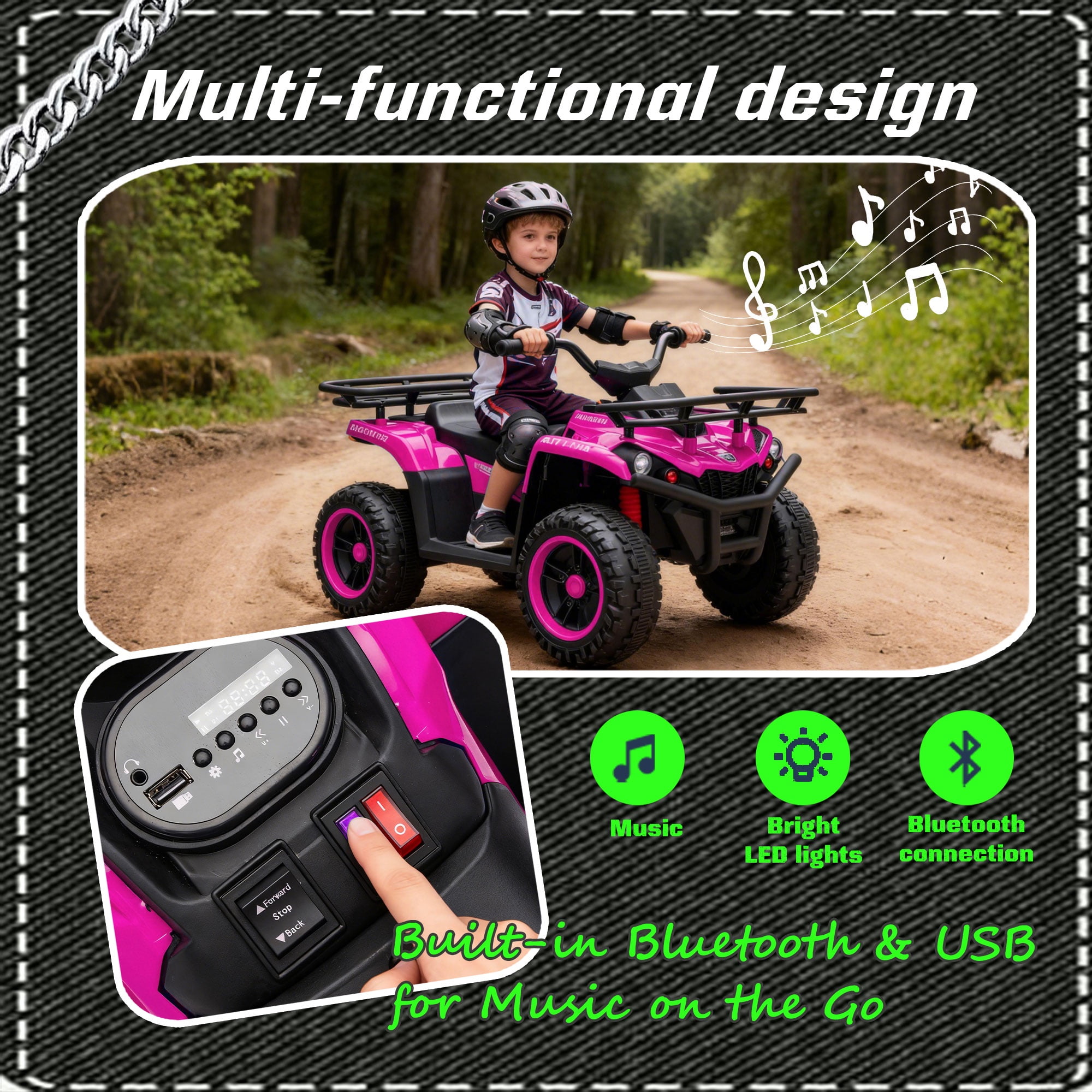 iYofe 24V Big Kids Ride on ATV Quad, Electric 4 Wheeler for Kids 3-6 with Battery Display, Anti-Slip Tires, LED Headlights, Bluetooth, MP3, Storage Racks, Gifts for Birthday & Christmas, Pink
