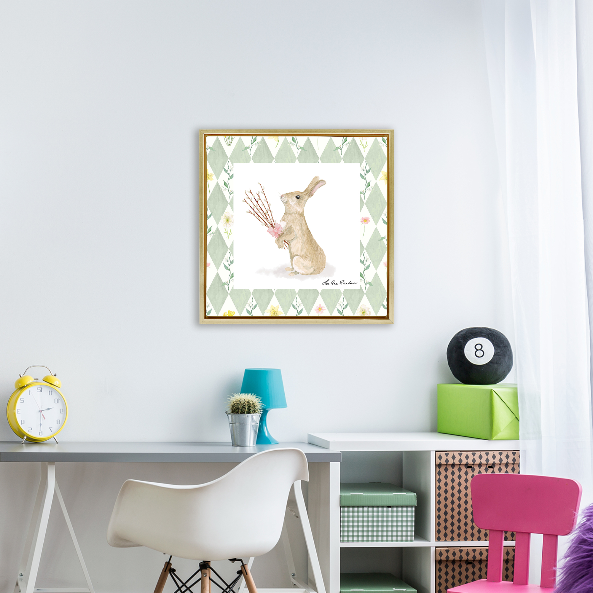Bouquet Bunny on Green Argyle Gold Framed Floater Canvas Wall Art, design by Lee Ann Sanders