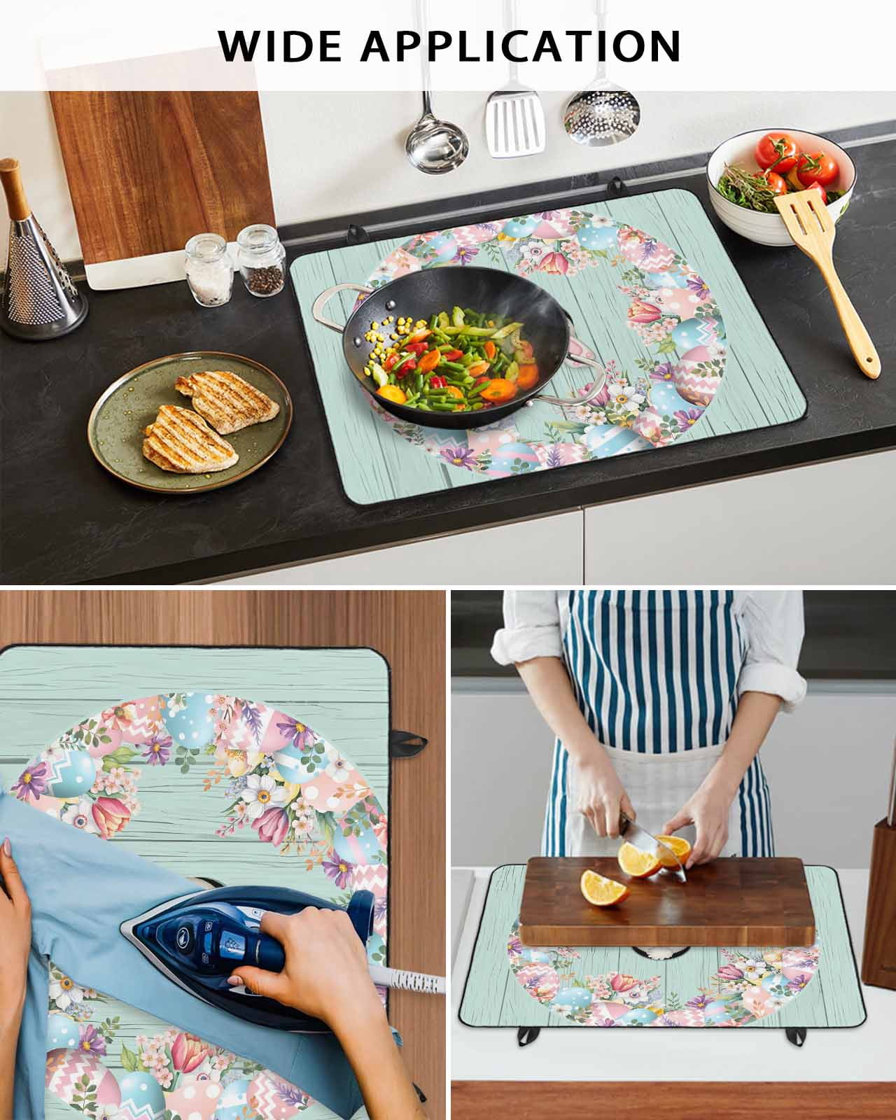 Large Induction Cooktop Protector Mat Easter Stove Top Covers for Electric Stove, Bunny Spring Floral Eggs Sage Green Wooden Decorative Stove Burner Cover Mats, Glass Top Stove Cover