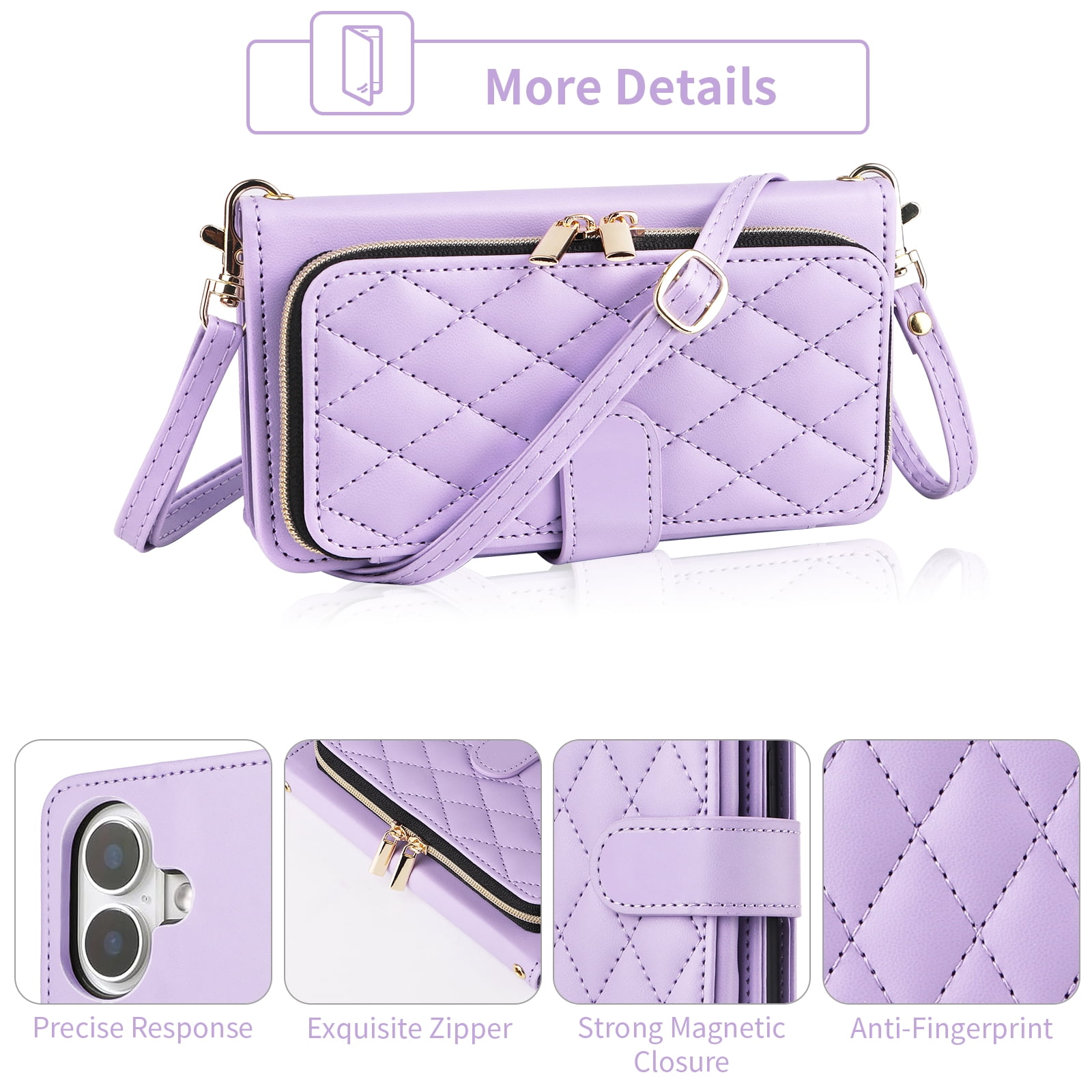 Furiet Argyle Wallet Case for iPhone 17 6.3 inch with Wrist/Shoulder Strap, Card Slots Zipper Purse Luxury PU Leather Stand Checkered Cell Phone Cover for i Phone17 i17 17Case Women Girls Purple