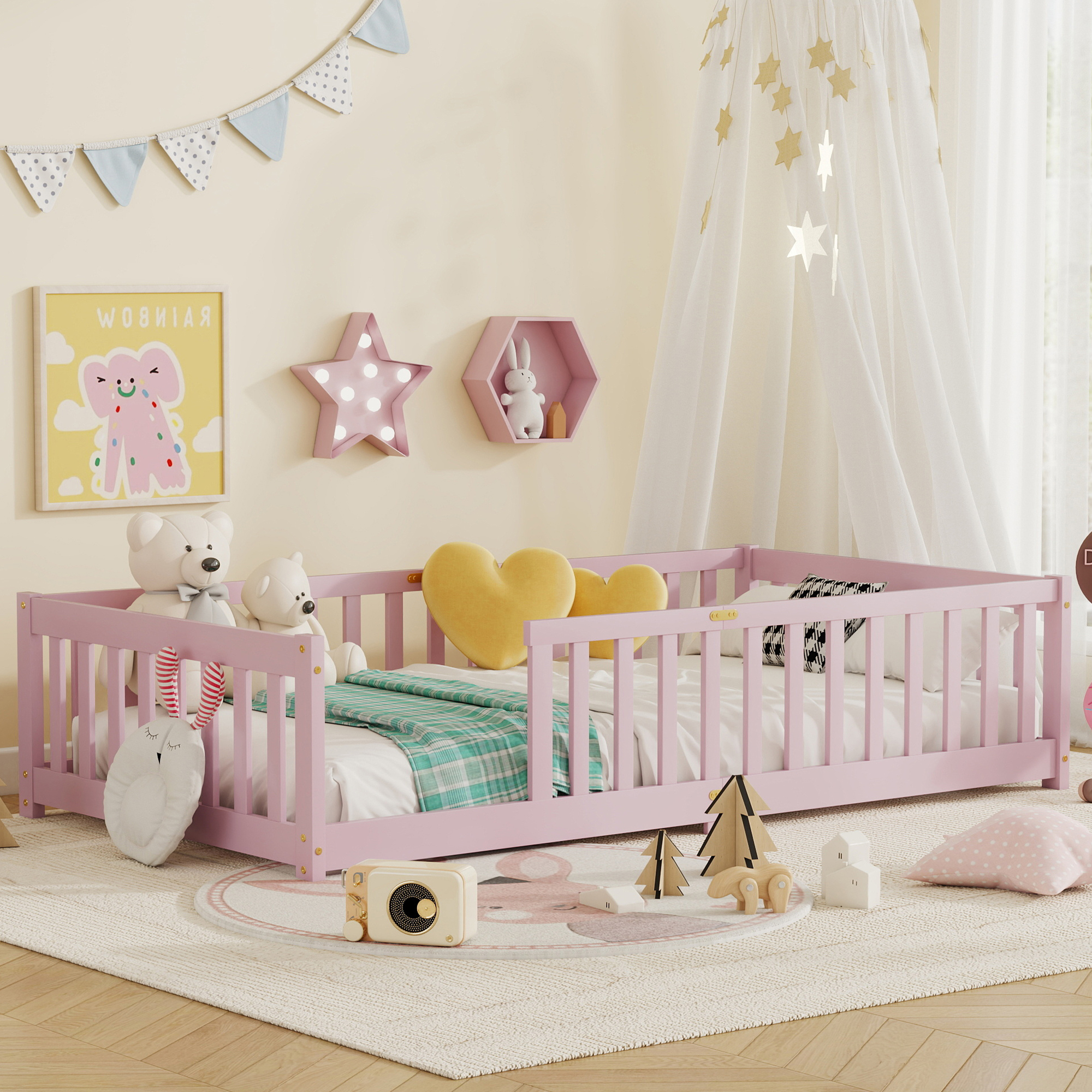 Alvantor Twin Size Floor Bed, Solid Wood Toddler Bed with Slat and Fence Guardrail, Montessori Floor Bed for Kids, Boys, Girls,Pink