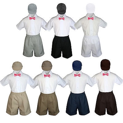 

4pc Set Boy Toddler Formal Coral Bow Tie White Navy Khaki Shorts + Hat S-4T