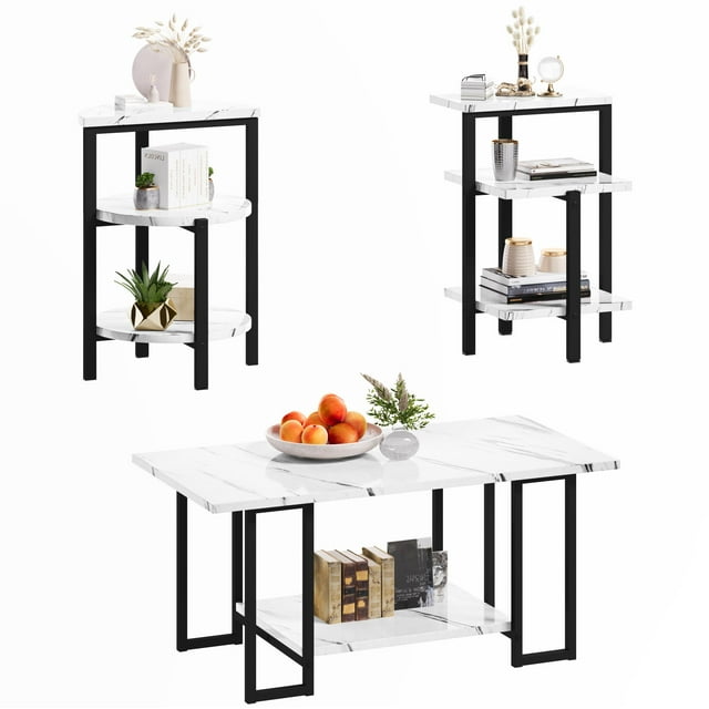 furlinkhm Coffee Table Set of 3,Rectangle Coffee Table&2 Accent Table,Faux Marble Tabletop,3 Piece Living Room Table Sets with Multi Tier Storage, for Small Space, Apartment,White & Black