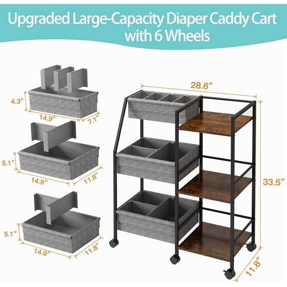 Baby Diaper Caddy Organizer Cart, 3-Tier Rolling Wheels Cart with Dividers and Shelves, Bedside Utility Cart for Nursery Essentials, Large Capacity Mobile Storage Cart for Crib, Bedroom