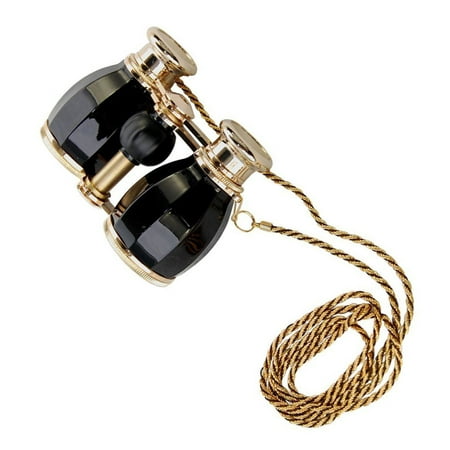 4x30 Opera Glasses Binocular Antique Style Black pearl with Gold Trim with Necklace Chain 4x Extra High Magnification with Crystal Clear Optics