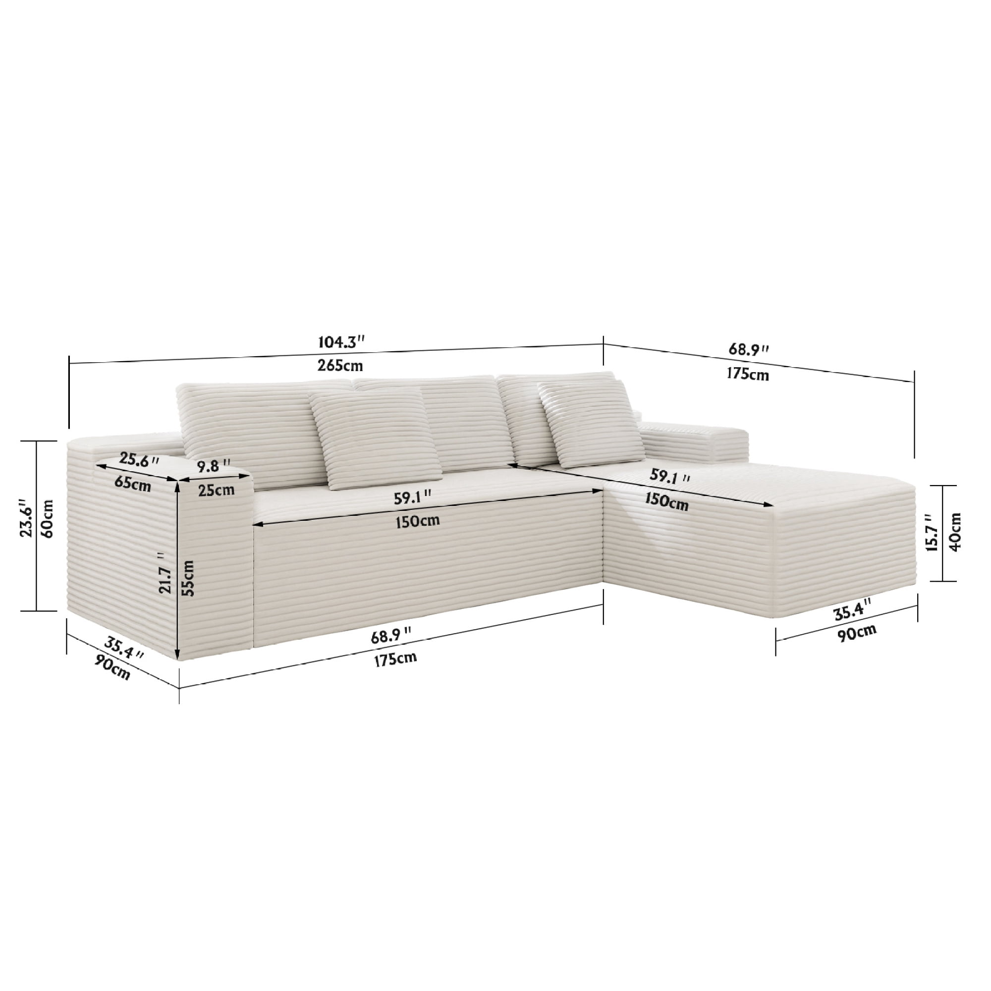 104" Modular Sectional Sofa,Oversized L-Shape Cloud Couch,Modern Corduroy Sleeper Couches Boneless Couches for Living Room,Bedroom,Apartmen,No Assembly Required,White-Right Chaise