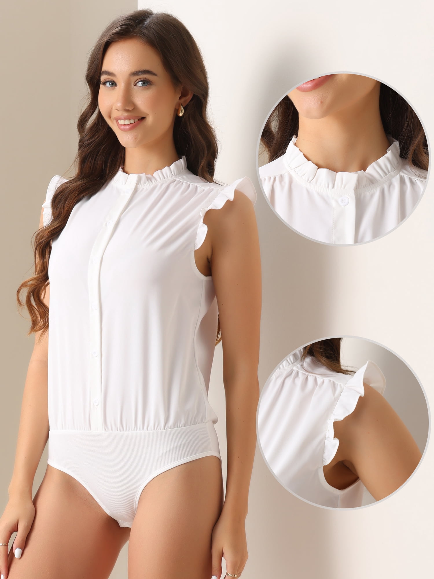 DARING DIVA Sleeveless Bodysuit Top Button Down Office Blouse S White