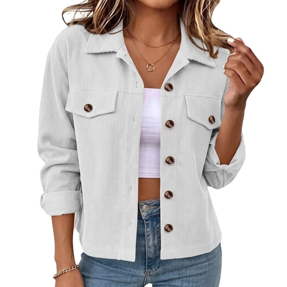 Annhoo Fall Jackets for Women Button Down Lapel Neck Long Sleeve Corduroy Cropped Coat Trendy Outerwear Jacket
