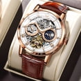thumbnail image 3 of OLEVS Automatic Watches for Men Mechanical Self Winding Skeleton Moon Phase Dress Luxury Brown Black Leather Roma Rumerals Waterproof Luminous Mens Wrist Watches Reloj Para Hombre Red/Blue/White, 3 of 15