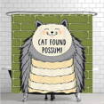 thumbnail image 1 of Rideau de Douche Fantaisiste pour Chat - Chat Gris et Blanc Moelleux avec Design "Cat FOUND POSSUM" sur Mur de Briques Vertes, 1 of 4
