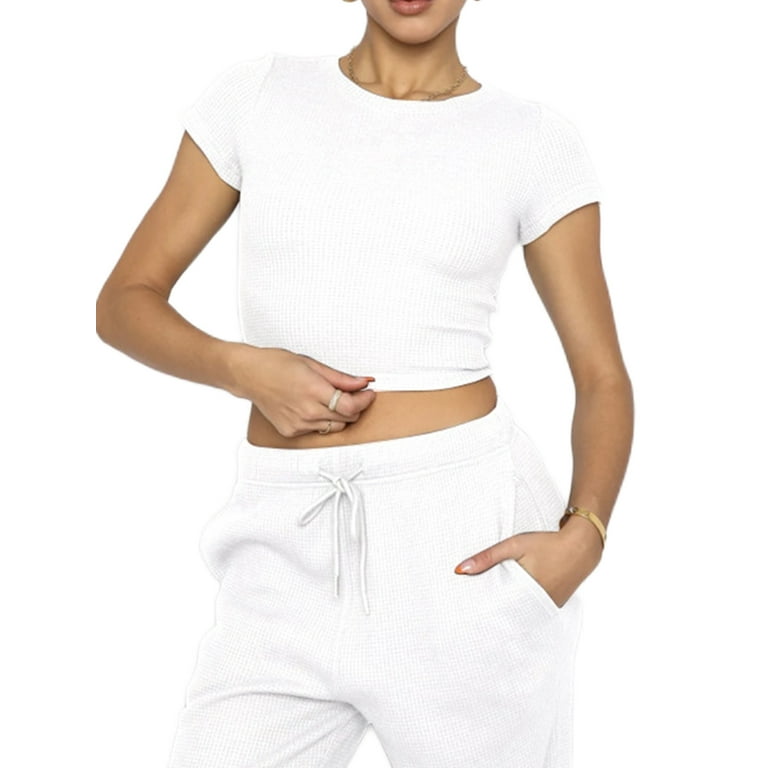 Frontwalk Ladies Two Piece Outfit Short Sleeve Tracksuit Suit Cropped Top  And Pant Jogger Set Sports Straight Leg Lounge Sets Waffle Sweatsuits White  XL 