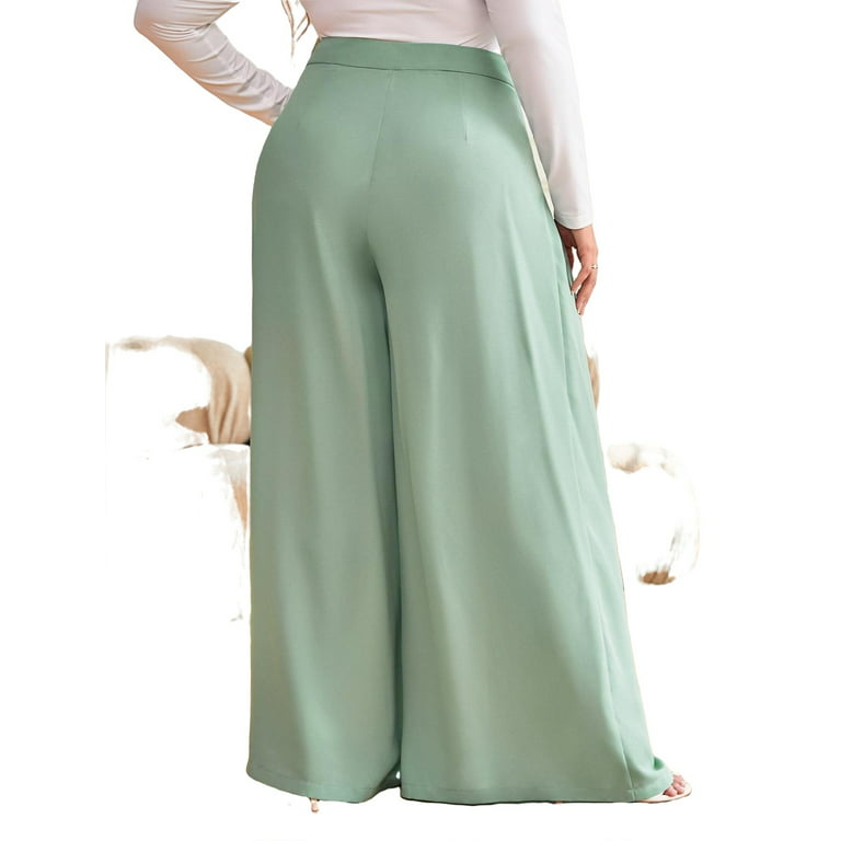 Elegant Solid Wide Leg Mint Green Plus Size Pants (Women's) 