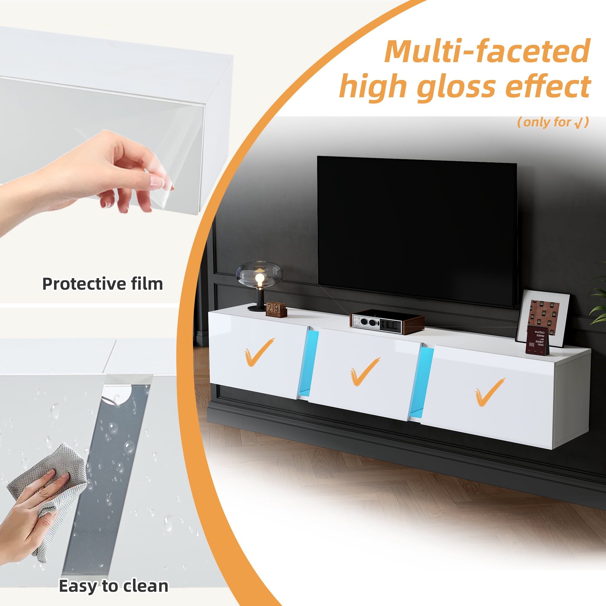 Noble House 64.9" Wall-Mounted Lowboard TV Cabinet,LED Lights with 3 Cabinet Doors for 65" TV,White