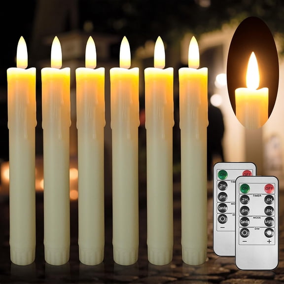 Real Wax LED Flameless Taper Candles with Remote Timer, 6.7Inches Ivory Fake Candlesticks, Dripless Battery Operated Window Candle with 3D Flickering Flame for Fireplace Xmas Halloween