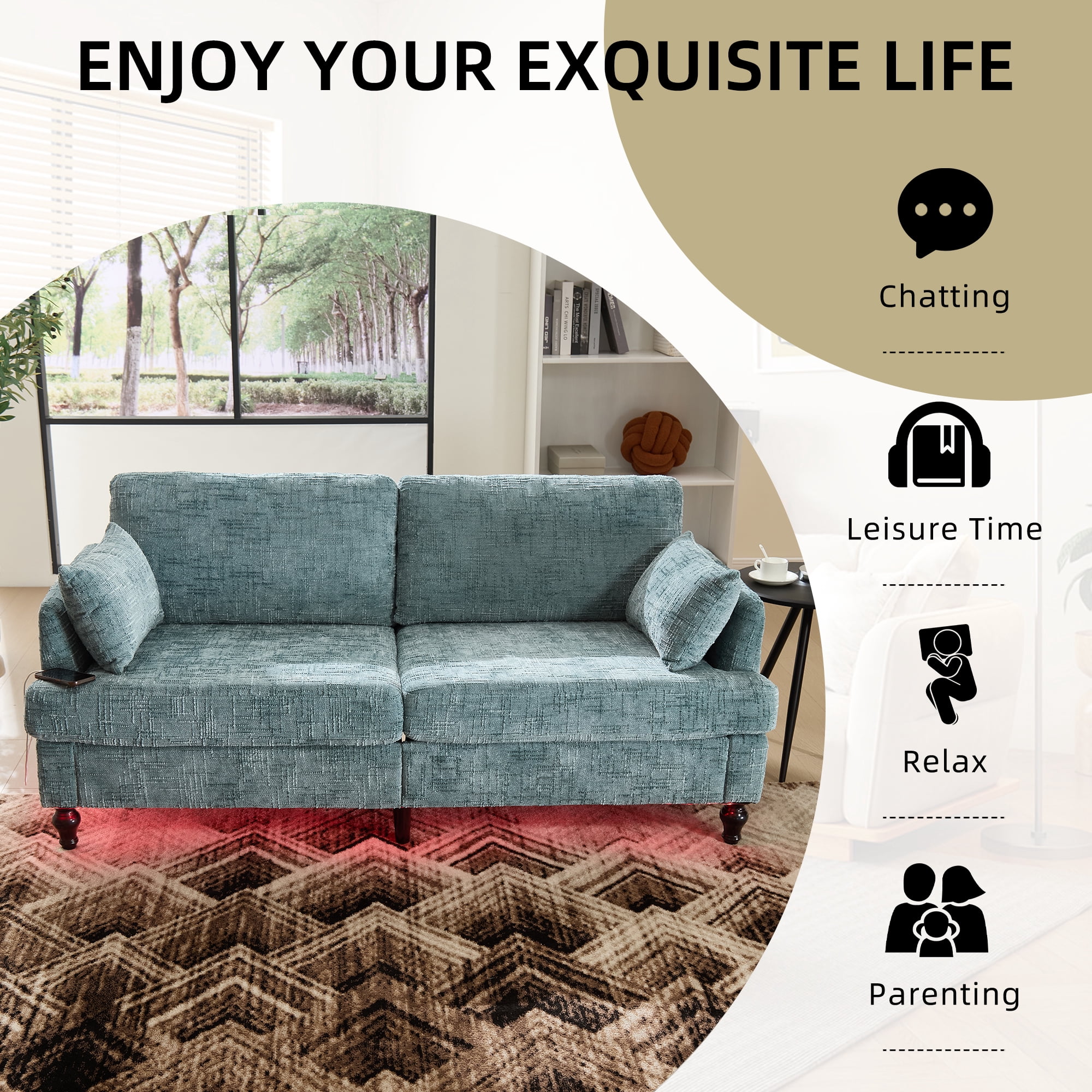 MOONMISS Chenille Upholstered Mid Century Modern Wood Frame Loveseats Sofa with LED light,USB and Side Pocket-Lake Blue