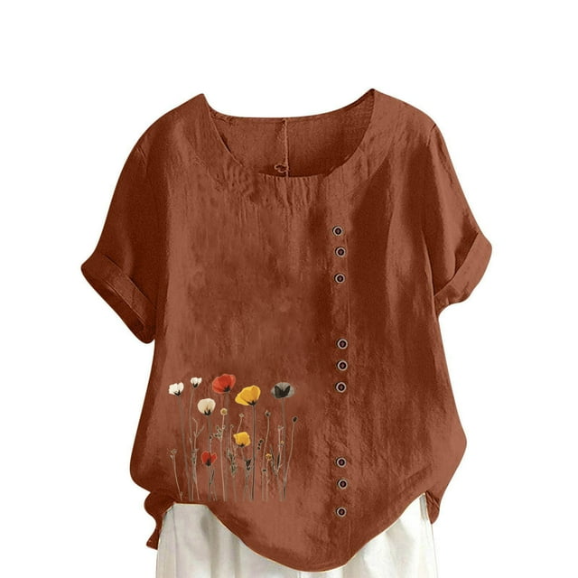 Staron Jolis Hauts pour Femmes en Liquidation à Moins de 10 $ Blouses Habillées Décontractées Grande Taille Coton Lin Col Rond Manches Courtes Retroussées Tuniques Amples Tendance à Fleurs Hauts d'Été