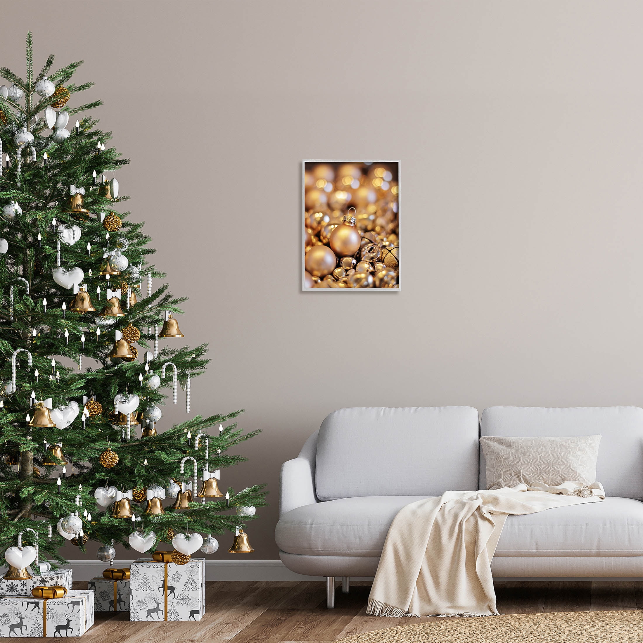 Gleaming Christmas Ornaments Bells Holiday Photograph Gray Framed Art Print Wall Art