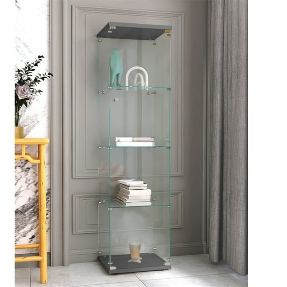 Smilegend Adults' Modern Black Glass Display Cabinet - 4 Shelves, Single Door for Home & Office