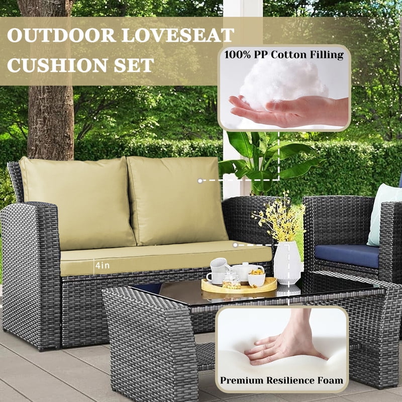 Outdoor Loveseat Cushions Set 48" x 24" Water Repellent & Fadeness Patio Furniture Cushions with Removable Cover and Ties, Patio Love Seat Sofa Cushions for Porch Garden Chair（Beige）