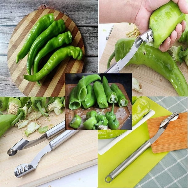 Descorazonador de pimientos de acero inoxidable multifuncional para jalapeños, chiles, plátanos, calabacines y pepinos. Herramienta de cocina con mango dentado para preparar comidas en casa.