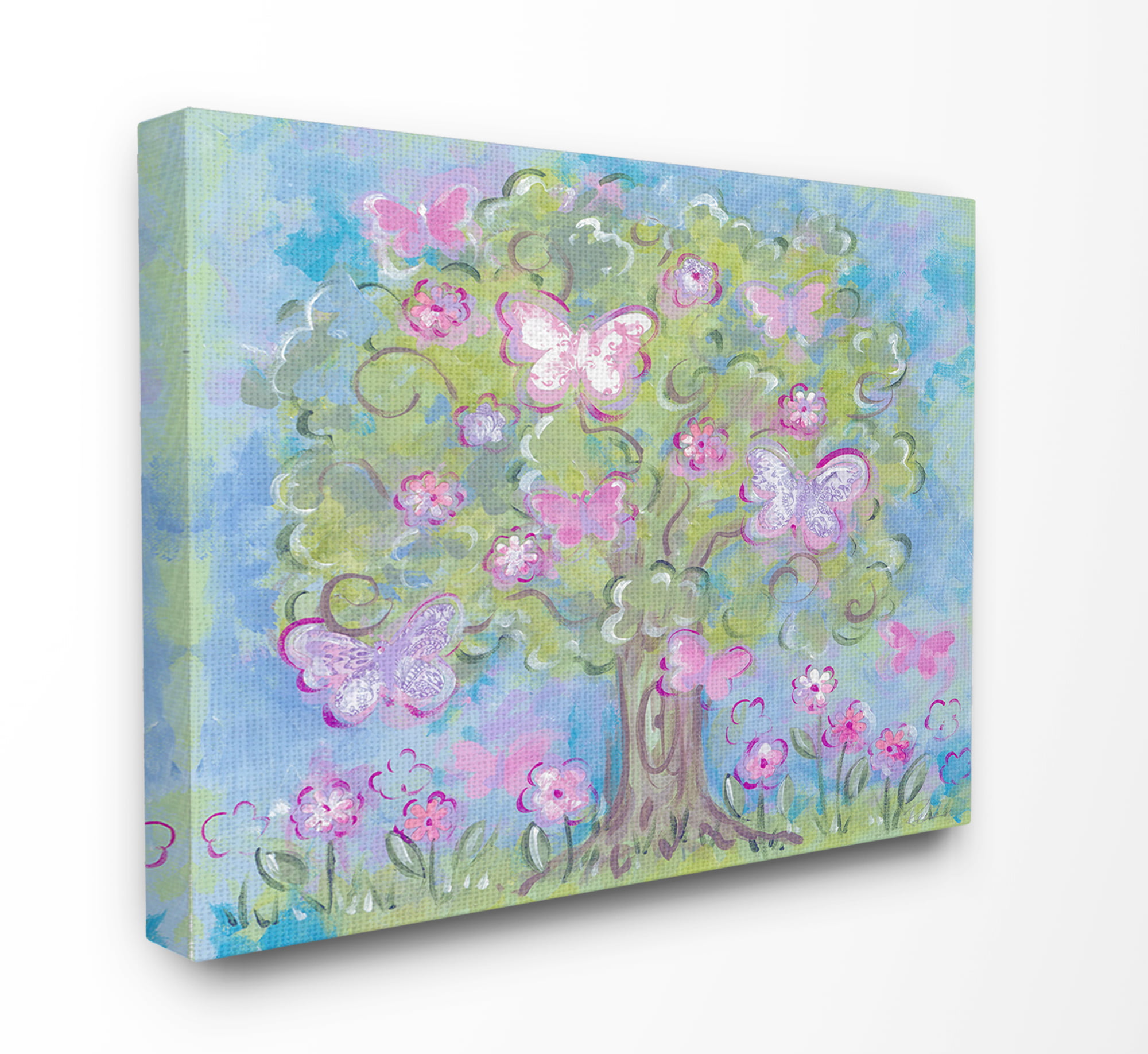The Kids Room by Stupell Owls on Swirly Tree Branch with Flowers and Pink Background Rectangle Wall Plaque 