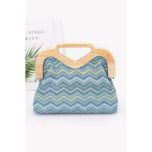 FASHNZFAB Women's Faux Straw, Wood Frame Clutch, Blue