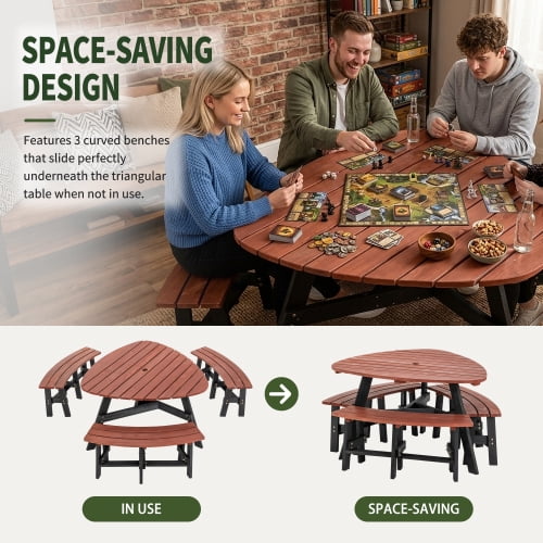 6-Person Semi-Circular Outdoor Picnic Table Set, Solid Fir Wood Dining Table with 3 Built-in Benches and Center Umbrella Hole, Rustic Brown Tabletop & Black Legs