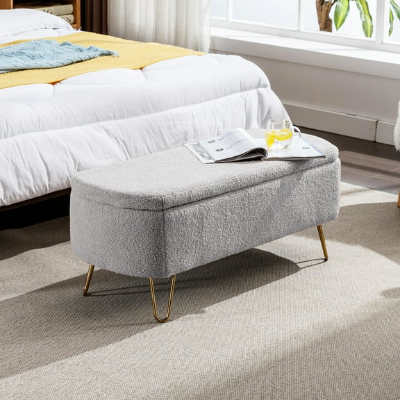 Attractive Grey Storage Bench With Faux Fur Padding And Gold Legs