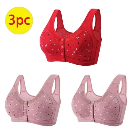 TrendVibe365 Wireless Bras for Women Plus Size 3 Pack Daisy Floral Wirefree Push up Bralette Padded Button Front Clasp Wide Strap Corset Full Coverage Crop Tank Top Comfy Shapewear Red 3XL