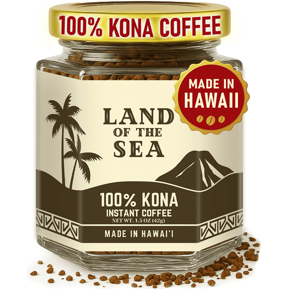 Land of the Sea KONA COFFEE 100% - Freeze Dried Instant Coffee - Low Acid Coffee - Medium Roast Arabica Hawaiian Coffee, 1.5oz (1 Pack | 22 Cups)