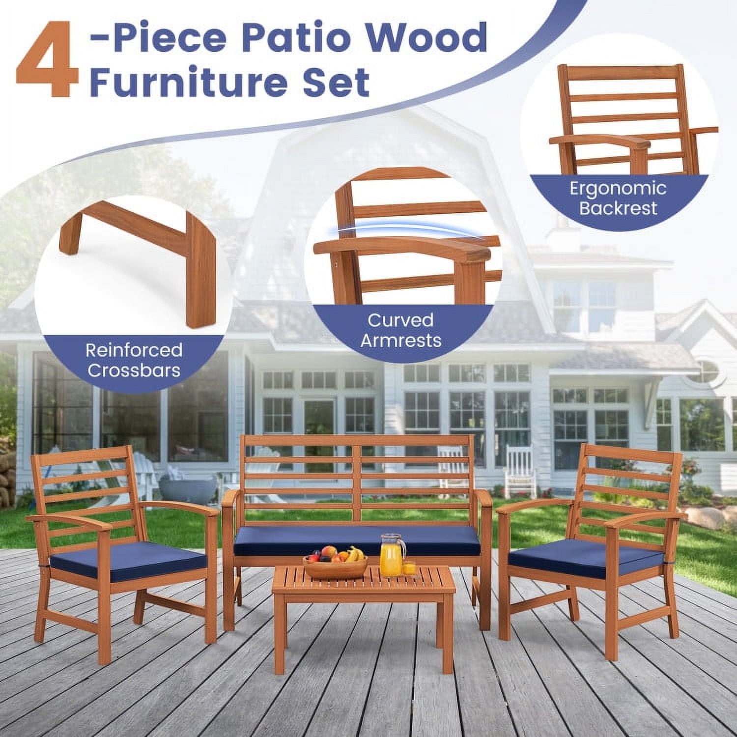 Aimee Lii 4 Pieces Outdoor Furniture Set with Stable Acacia Wood Frame, Patio Furniture Sets, Navy Aimee Lii 4 Pieces Outdoor Furniture Set with Stable Acacia Wood Frame, Patio Furniture Sets, Navy
