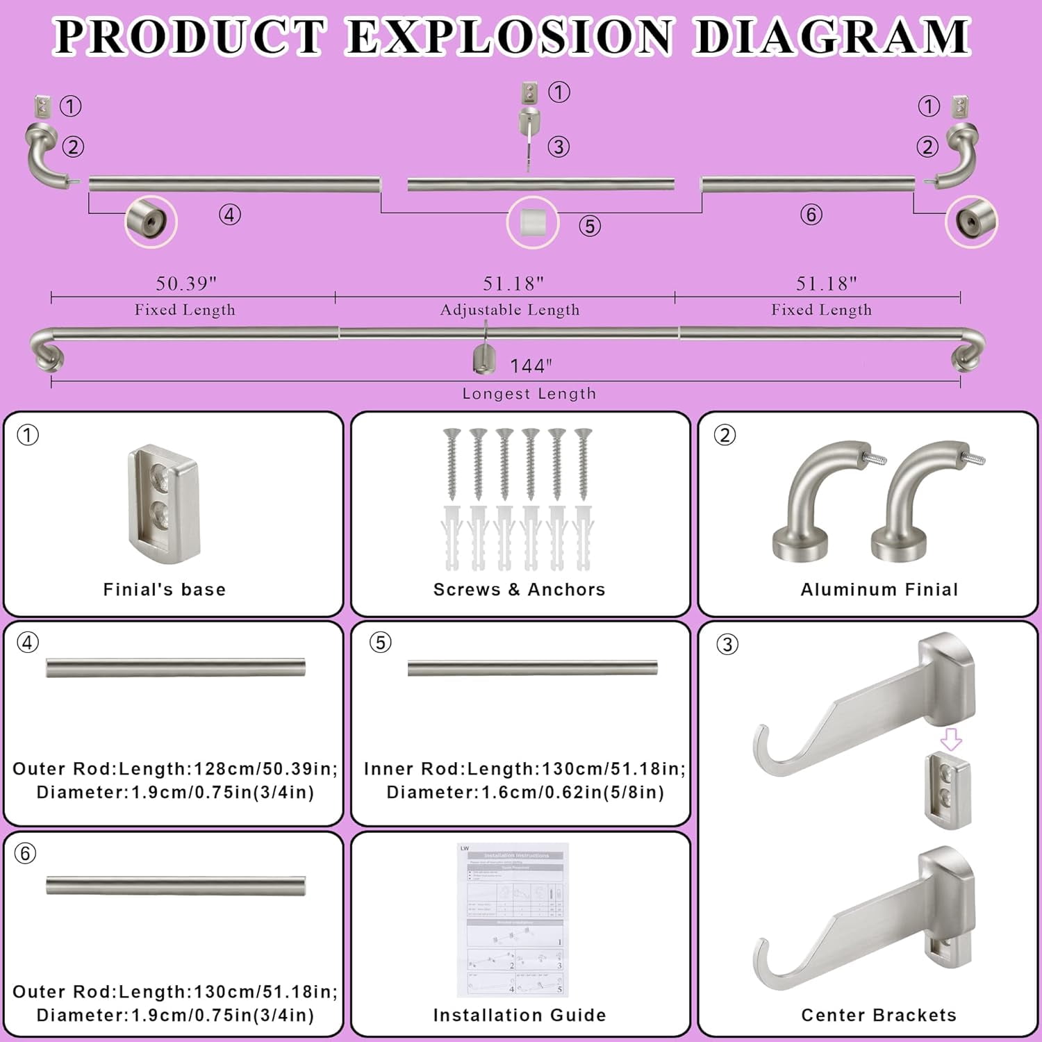 Brushed Nickel Disc Curtain Rods, 84-144 Inches Window Curtain Rod,Adjustable Room Darkening Curtain Rod with Aluminum Finials and Brackets,Wrap Around Design