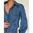 thumbnail image 4 of IDOPIP Fall Tops for Women Hollow-Out Button Up Stand Collor Blouse Solid Color Slate Blue Long Sleeve Shirts Size S, 4 of 6