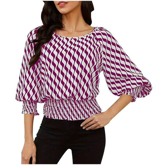 Women's Cinched Waist Tops Banded Bottom Zebra Striped Lantern 3/4 Sleeve Blouse Trendy Date Night Outfits