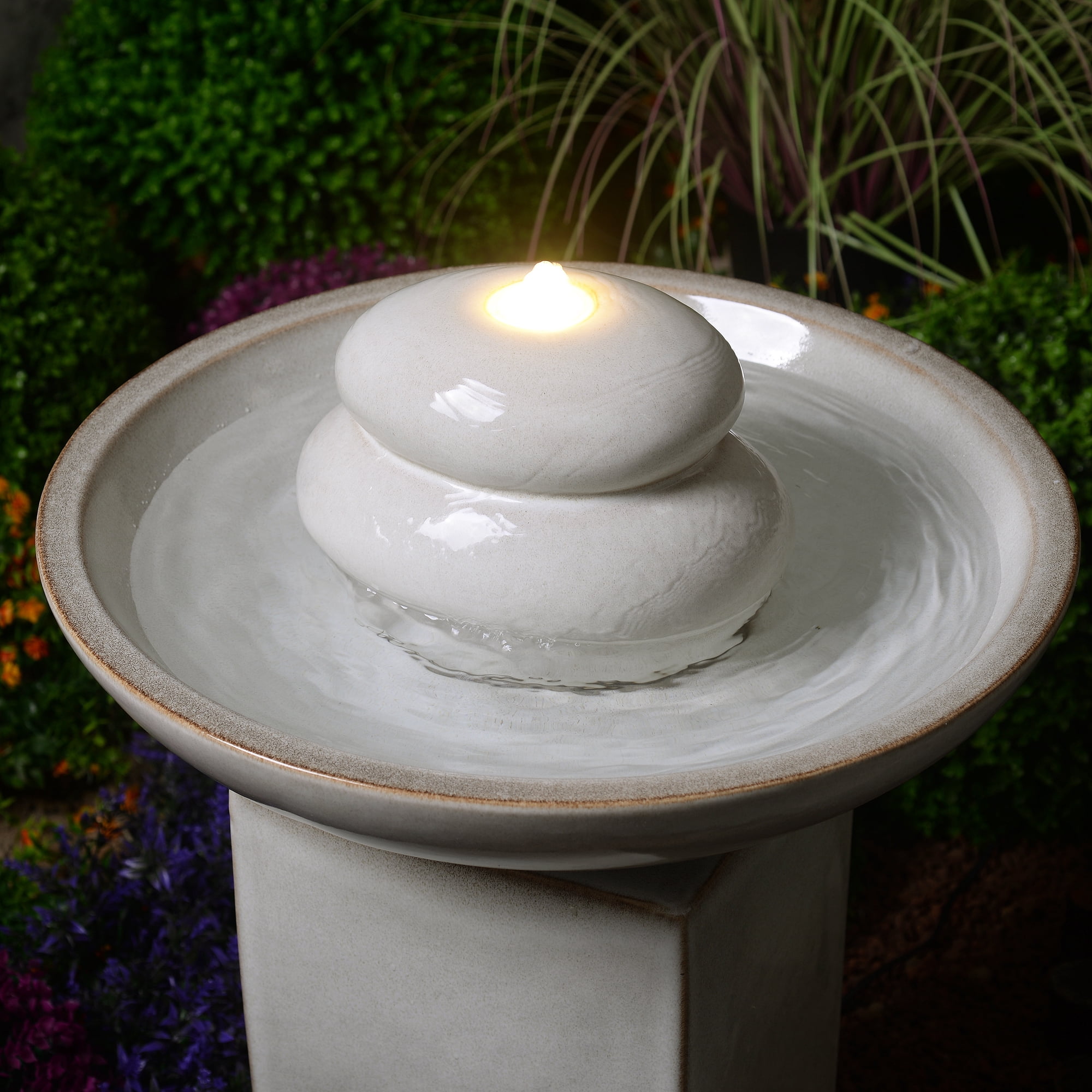 Hi-Line Gift Ltd. Ivory Ceramic Fountain with Submersible Pump and Warm White LED Lights