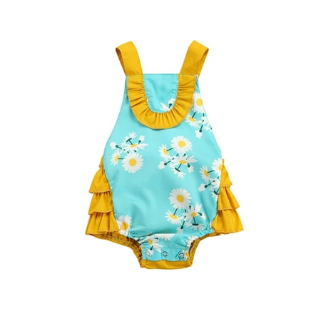 

Calsunbaby Newborn Girls Summer Casual Romper Sleeveless Square Neck Suspenders Ruffles Floral Print Jumpsuit