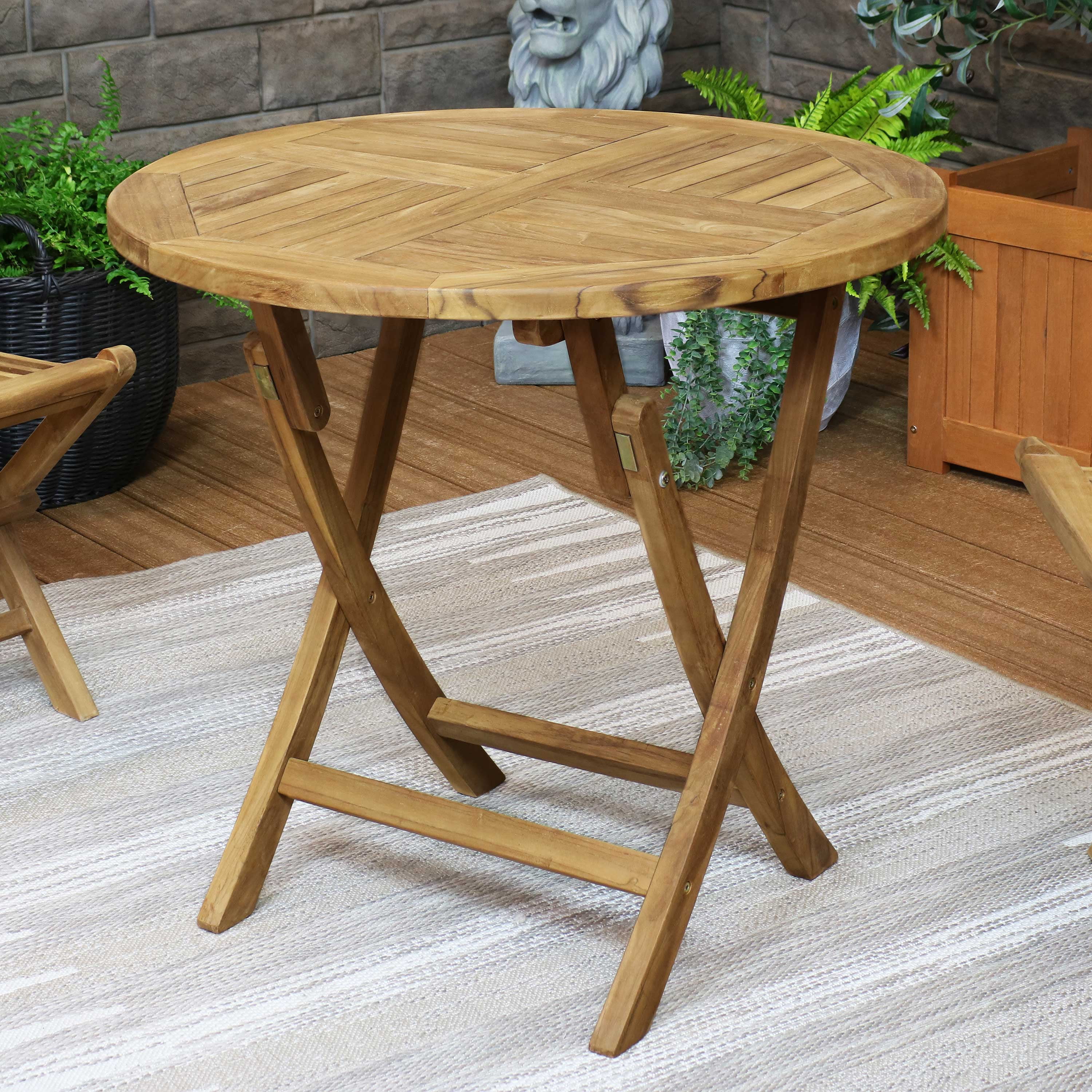 sunnydaze round folding solid teak outdoor dining table - light wood
