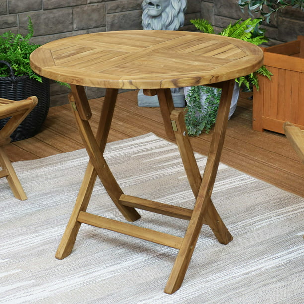 Sunnydaze Round Folding Solid Teak Outdoor Dining Table - Light Wood ...
