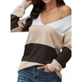 thumbnail image 3 of Women Striped Print Color Block Deep V Neck Long Sleeve Knitted Shirt, 3 of 7