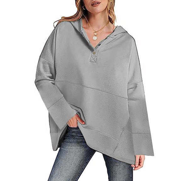 Tdoqot Womens Hoodies- Pullover Loose Fit Long Sleeve Crewneck Fall Pocket Solid Casual Activewear for Women Gray Size L