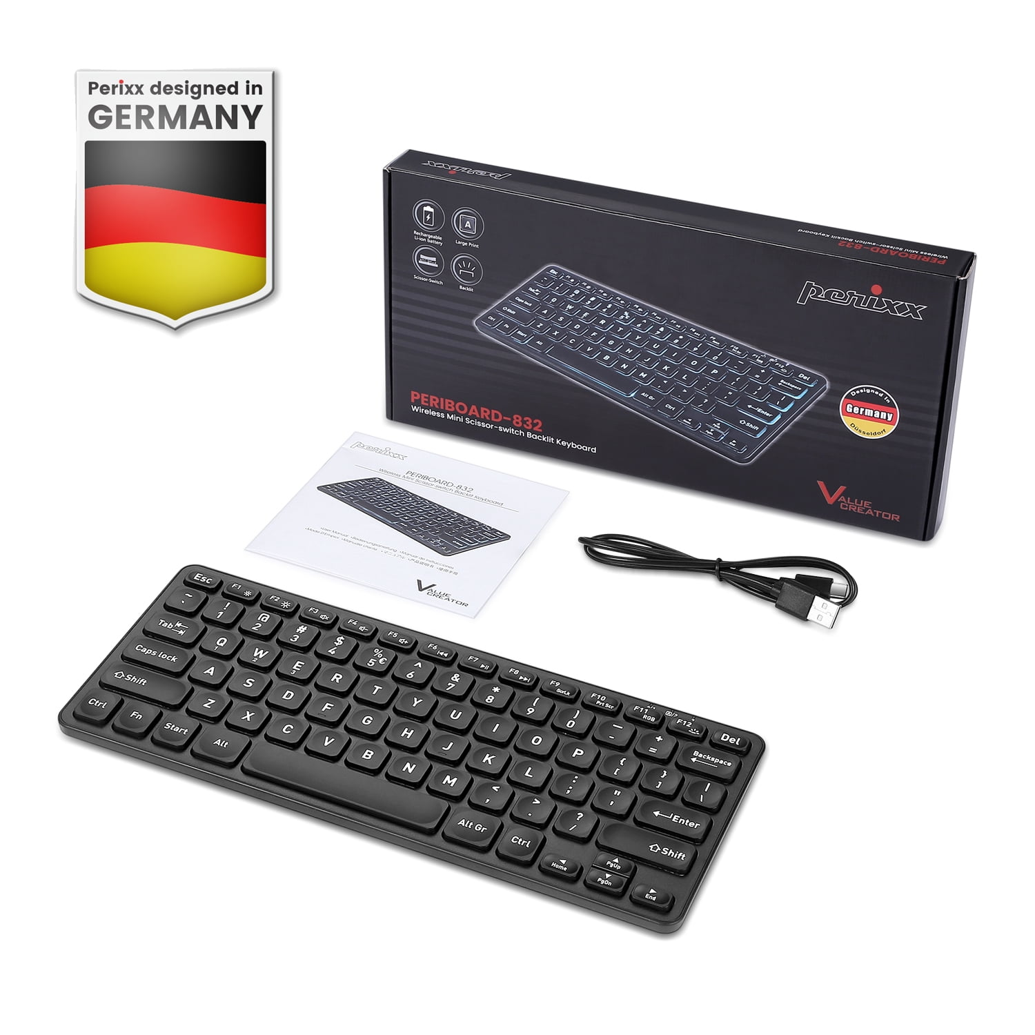 Perixx PERIBOARD-832RGB Wireless RGB Backlit Mini Keyboard - Up to 3 Multi-device Connection - Black - US English