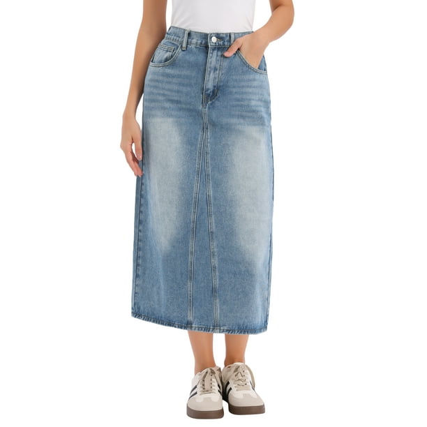 Falda Maxi de Denim Inspire Chic para Mujeres con Cintura Elástica, Lavada, Corte A, Falda Larga de Jean S Azul