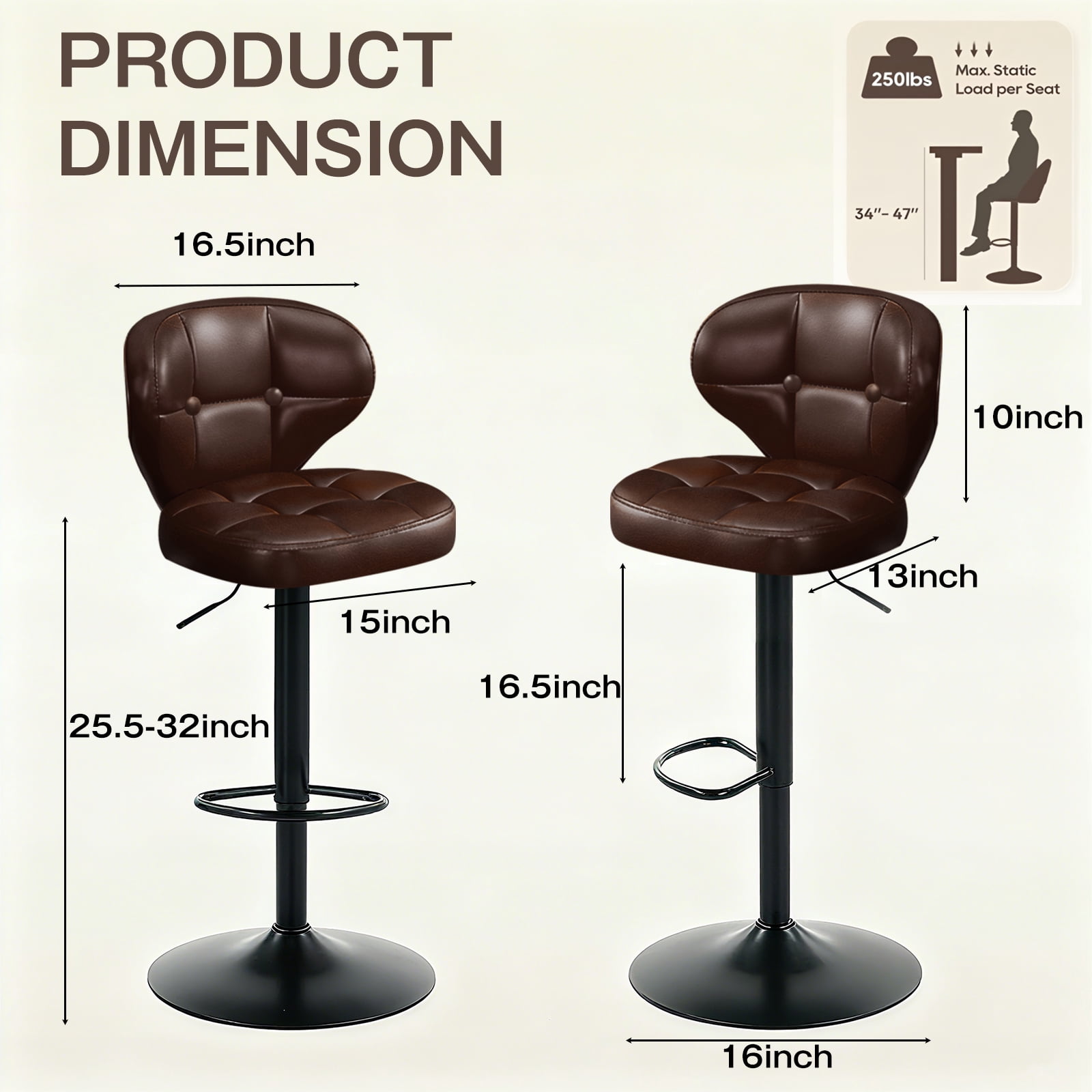 Bar Stools Set of 2, Adjustable Swivel Bar Chairs with 360° Rotation, Padded Counter Stools with Back and Footrest for Kitchen Island, Bistro, Cafe, and Home Use