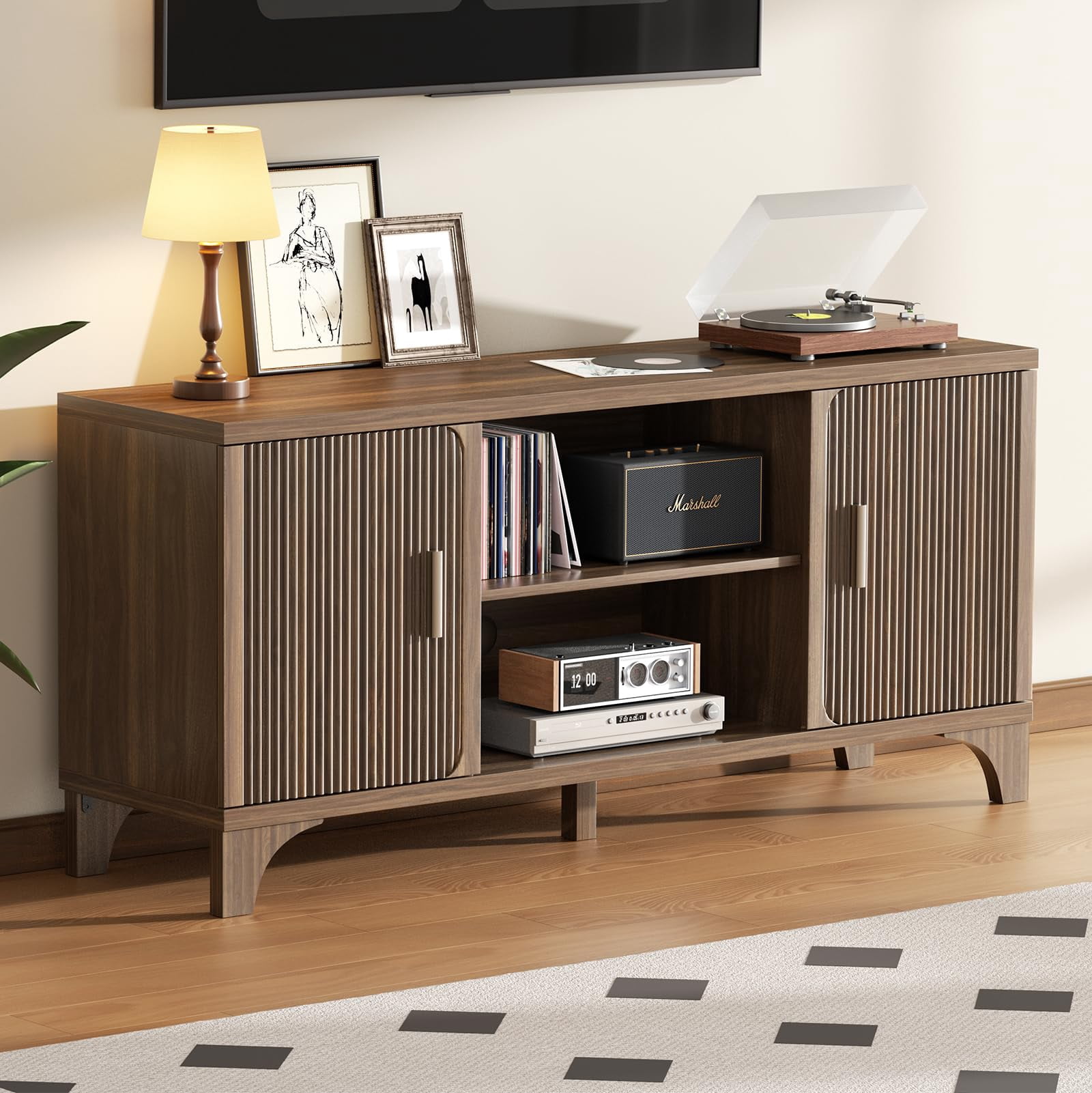 Vebreda 58 Inch Tall Modern TV Stand for 55"/65" TVs, Mid-Century Entertainment Center with Storage, Walnut