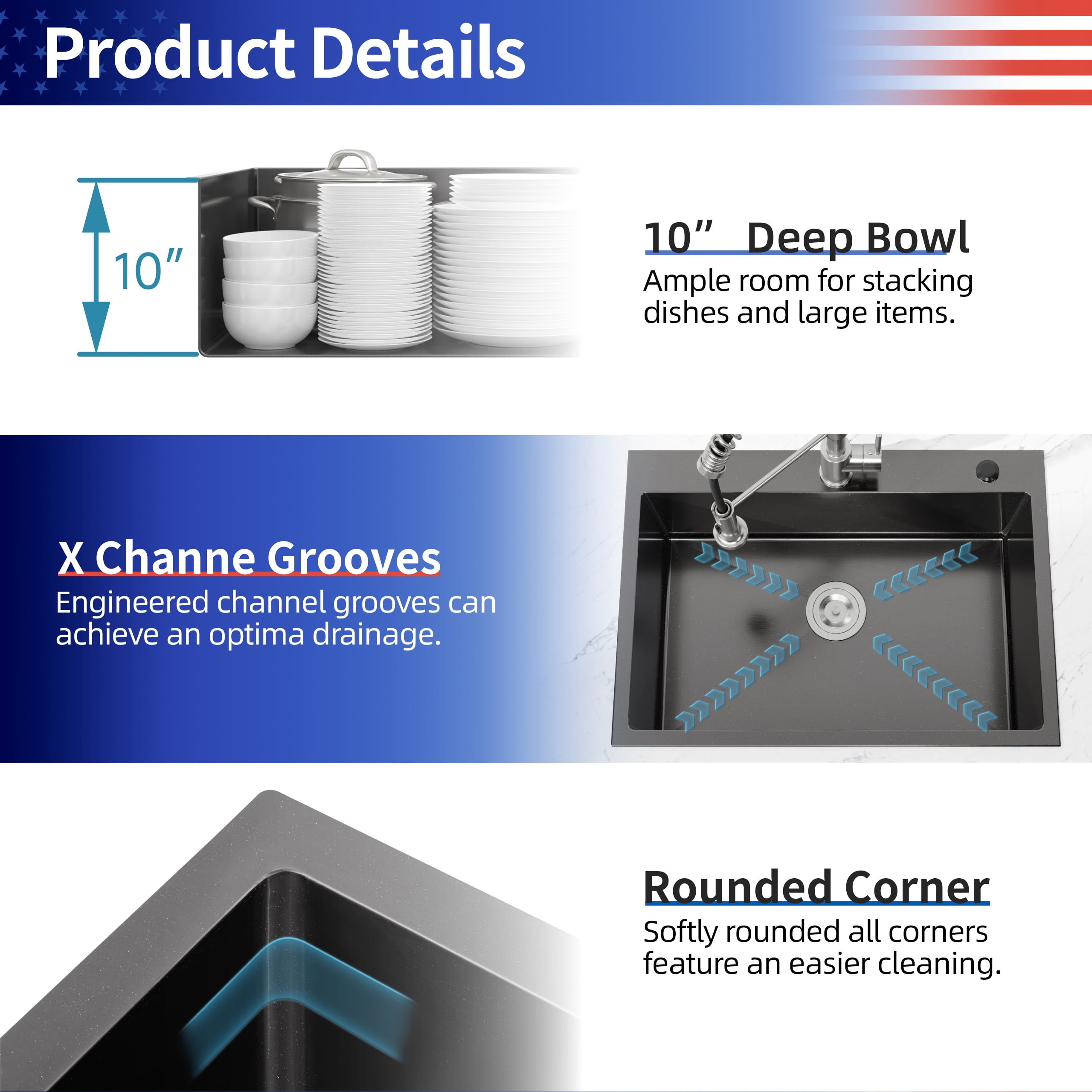 32-inx19-in Black Stainless Steel Drop-In Kitchen Sink-Single Bowl 16 Gauge Topmount Sink with US Drain And Hooks