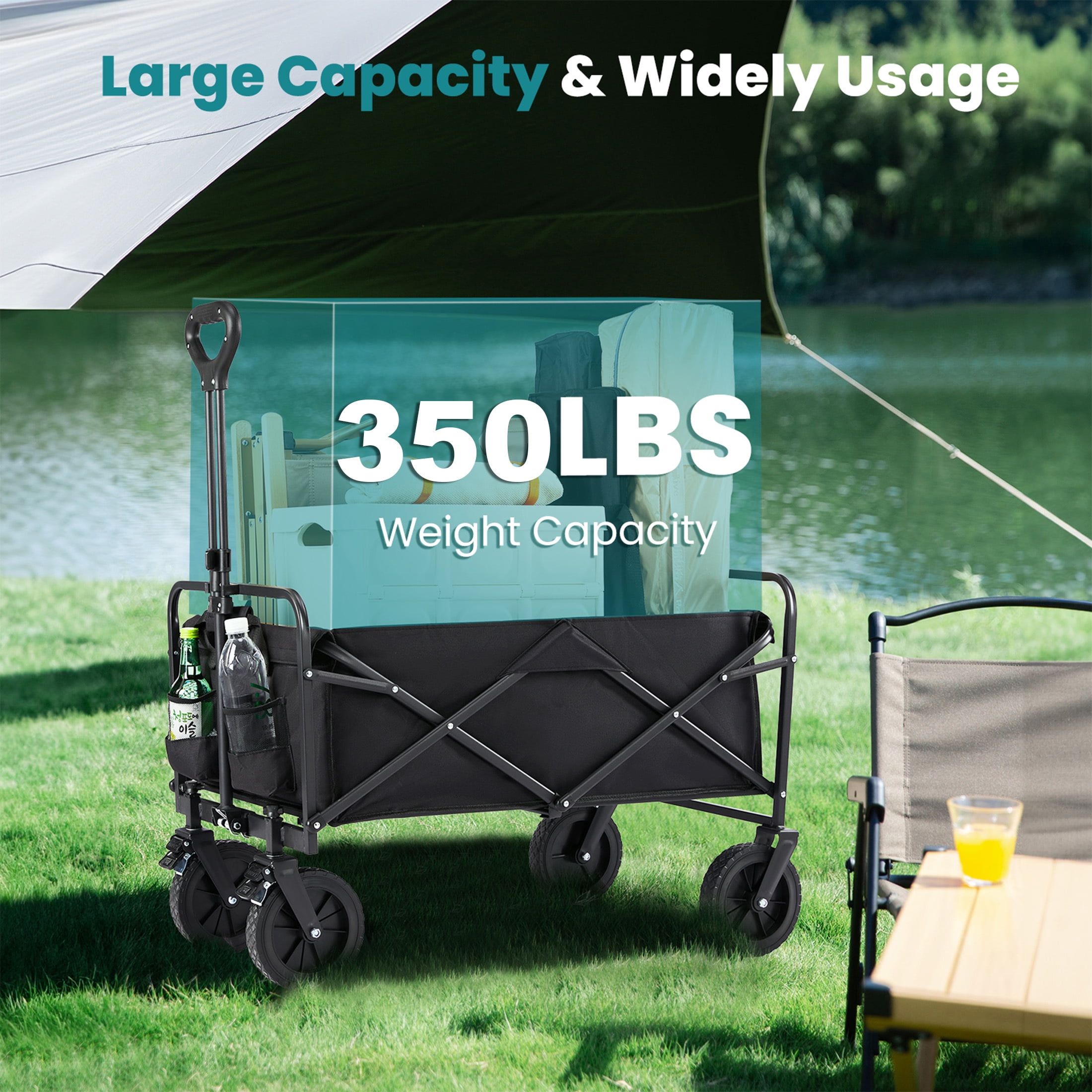 AENKYO Collapsible Folding Wagon, Heavy Duty Beach Cart, 350lb Weight Capacity for Sports and Camping