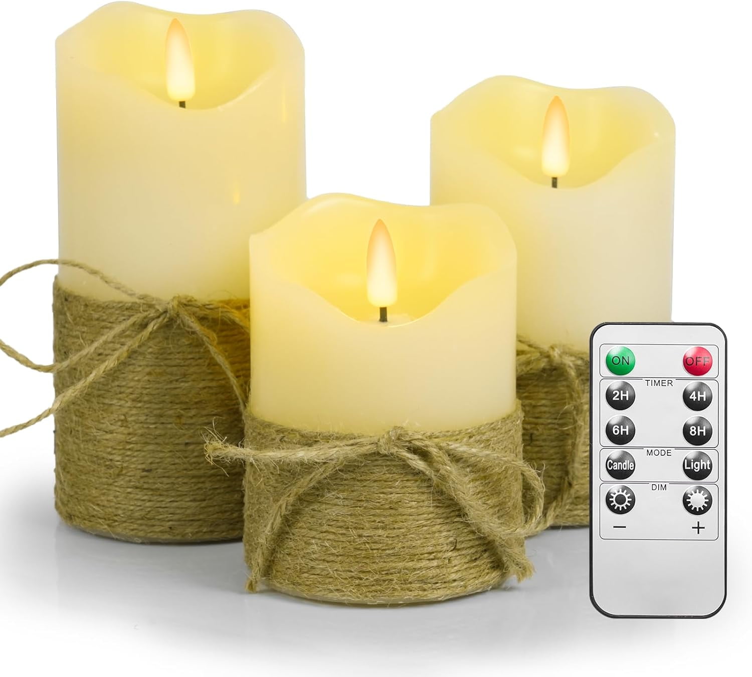 HomWamee Flameless Candles , Flickering Hemp Rope  with Remote Timer-3D , Set of 3  Battery Powered