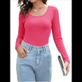 thumbnail image 2 of Camiseta de Cuello en U para Mujer, Camiseta de Larga de Color Liso, Suave, Elástica, Ropa Informal, Básica Rosa Roja M, 2 of 9